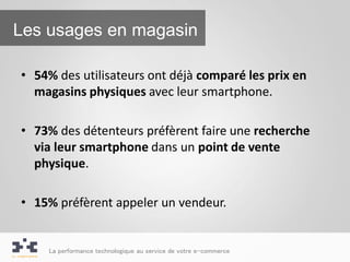 Les usages en magasin

• 54% des utilisateurs ont déjà comparé les prix en
  magasins physiques avec leur smartphone.

• 73% des détenteurs préfèrent faire une recherche
  via leur smartphone dans un point de vente
  physique.

• 15% préfèrent appeler un vendeur.


    La performance technologique au service de votre e-commerce
 