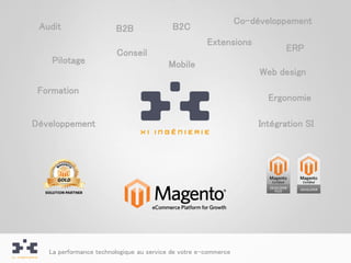 Co-développement
 Audit                  B2B                B2C
                                                      Extensions
                         Conseil                                             ERP
    Pilotage                             Mobile
                                                                      Web design
 Formation
                                                                        Ergonomie

Développement                                                         Intégration SI




   La performance technologique au service de votre e-commerce
 