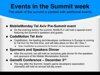 Events in the Summit week
The week of the summit is packed with additional events
MobileMonday Tel Aviv Pre-Summit event
On the evening before the summit, MoMoTLV will hold a special event
featuring the Summit’s speakers and guests.
CodeMotion Tel Aviv
CodeMotion, the leading tech/developer conference in Europe is coming
to Tel Aviv for the first time, and will take place on Nov.30 / Dec.1
Note: CodeMotion is produced by the Summit, but has separate sponsorship packs.
Sponsors and Speakers Dinner
After the summit, we will hold an exclusive gala dinner for the speakers
and sponsors of the Mobile Monetization Summit.
GameIS Conference – December 3rd
The day after the Summit, Israel’s game developers association
(GameIS) will hold its annual full-day event.
 