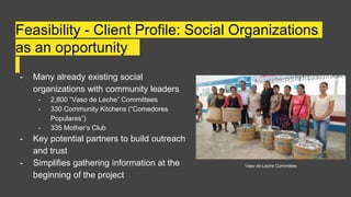 Feasibility - Client Profile: Social Organizations
as an opportunity
- Many already existing social
organizations with community leaders
- 2,800 “Vaso de Leche” Committees
- 330 Community Kitchens (“Comedores
Populares”)
- 335 Mother’s Club
- Key potential partners to build outreach
and trust
- Simplifies gathering information at the
beginning of the project
Vaso de Leche Committee
 