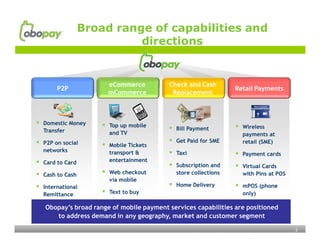 Broad range of capabilities and
                             directions


                           eCommerce        Check and Cash
         P2P                                                        Retail Payments
                           mCommerce         Replacement



   Domestic Money        Top up mobile
                                               Bill Payment           Wireless
    Transfer               and TV                                       payments at
   P2P on social                              Get Paid for SME        retail (SME)
                          Mobile Tickets
    networks                                
                           transport &          Taxi                   Payment cards
   Card to Card           entertainment
                                               Subscription and       Virtual Cards
   Cash to Cash          Web checkout         store collections       with Pins at POS
                           via mobile
   International                              Home Delivery          mPOS (phone
    Remittance            Text to buy                                  only)

    Obopay’s broad range of mobile payment services capabilities are positioned
       to address demand in any geography, market and customer segment

                                                                                           3
 
