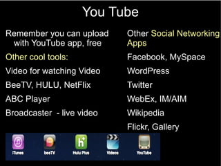 You Tube
Remember you can upload
with YouTube app, free
Other cool tools:
Video for watching Video
BeeTV, HULU, NetFlix
AB...