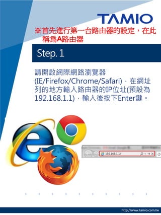 ※首先進行第一台路由器的設定，在此
 稱為A路由器

Step. 1
請開啟網際網路瀏覽器
(IE/Firefox/Chrome/Safari)，在網址
列的地方輸入路由器的IP位址(預設為
192.168.1.1)，輸入後按下Enter鍵。




                      http://www.tamio.com.tw
 