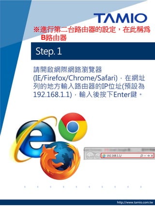 ※進行第二台路由器的設定，在此稱為
 B路由器

Step. 1
請開啟網際網路瀏覽器
(IE/Firefox/Chrome/Safari)，在網址
列的地方輸入路由器的IP位址(預設為
192.168.1.1)，輸入後按下Enter鍵。




                      http://www.tamio.com.tw
 