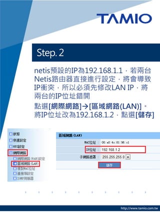 Step. 2
netis預設的IP為192.168.1.1，若兩台
Netis路由器直接進行設定，將會導致
IP衝突，所以必須先修改LAN IP，將
兩台的IP位址錯開
點選[網際網路][區域網路(LAN)]。
將IP位址改為192.168.1.2，點選[儲存]




                  http://www.tamio.com.tw
 
