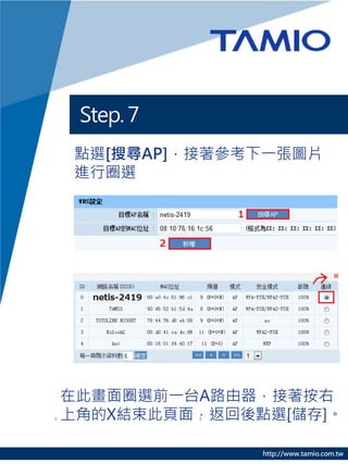 Step. 7
 點選[搜尋AP]，接著參考下一張圖片
 進行圈選




在此畫面圈選前一台A路由器，接著按右
上角的X結束此頁面，返回後點選[儲存]。

              http://www.tamio.com.tw
 
