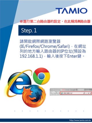 ※進行第二台路由器的設定，在此稱為B路由器

Step. 1
請開啟網際網路瀏覽器
(IE/Firefox/Chrome/Safari)，在網址
列的地方輸入路由器的IP位址(預設為
192.168.1.1)，輸入後按下Enter鍵。




                      http://www.tamio.com.tw
 
