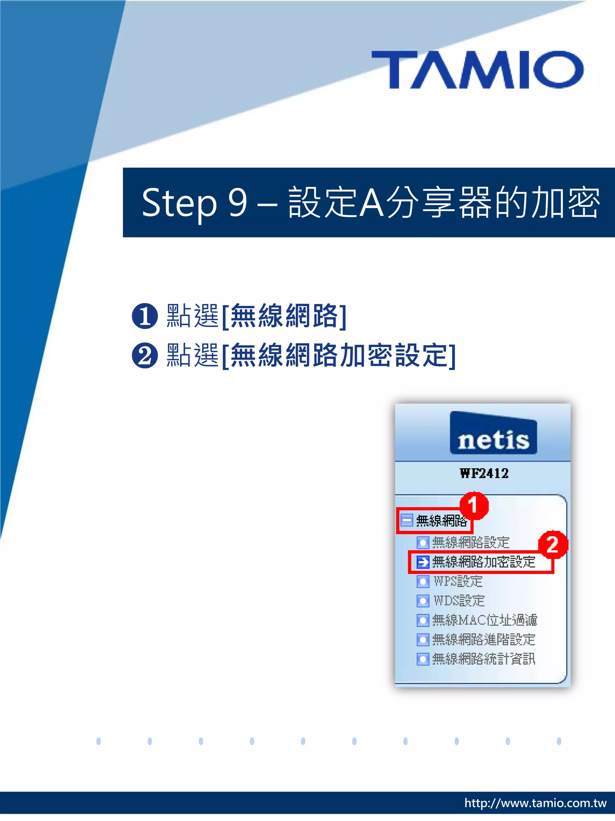 http://www.tamio.com.tw
Step 9 – 設定A分享器的加密
❶ 點選[無線網路]
❷ 點選[無線網路加密設定]
 