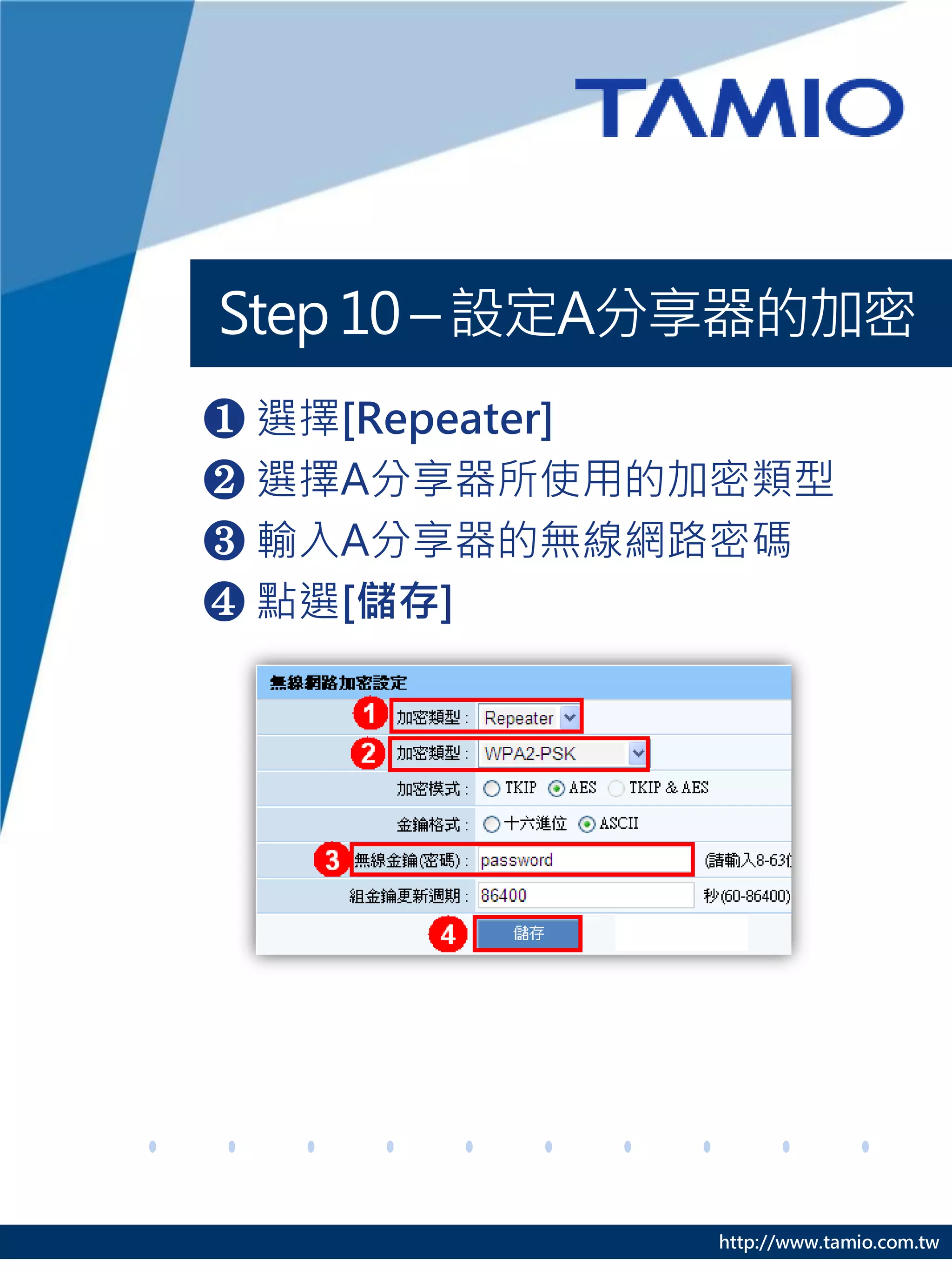 http://www.tamio.com.tw
Step10 – 設定A分享器的加密
❶ 選擇[Repeater]
❷ 選擇A分享器所使用的加密類型
❸ 輸入A分享器的無線網路密碼
❹ 點選[儲存]
 