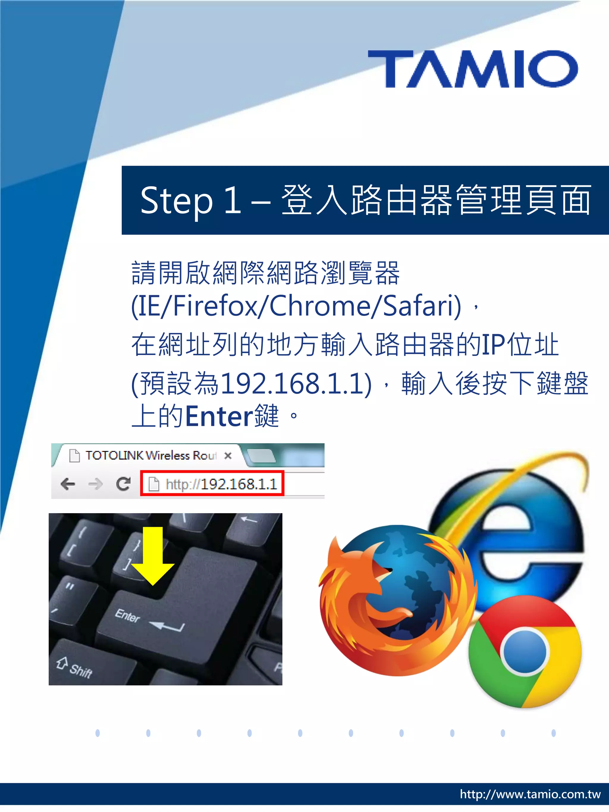 http://www.tamio.com.tw
Step 1 – 登入路由器管理頁面
請開啟網際網路瀏覽器
(IE/Firefox/Chrome/Safari)，
在網址列的地方輸入路由器的IP位址
(預設為192.168.1.1)，輸入後按下鍵盤
上的Enter鍵。
 