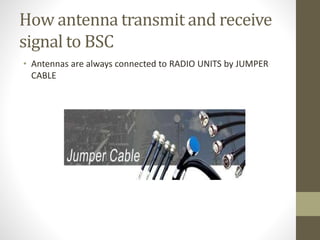 How antenna transmit and receive
signal to BSC
• Antennas are always connected to RADIO UNITS by JUMPER
CABLE
 