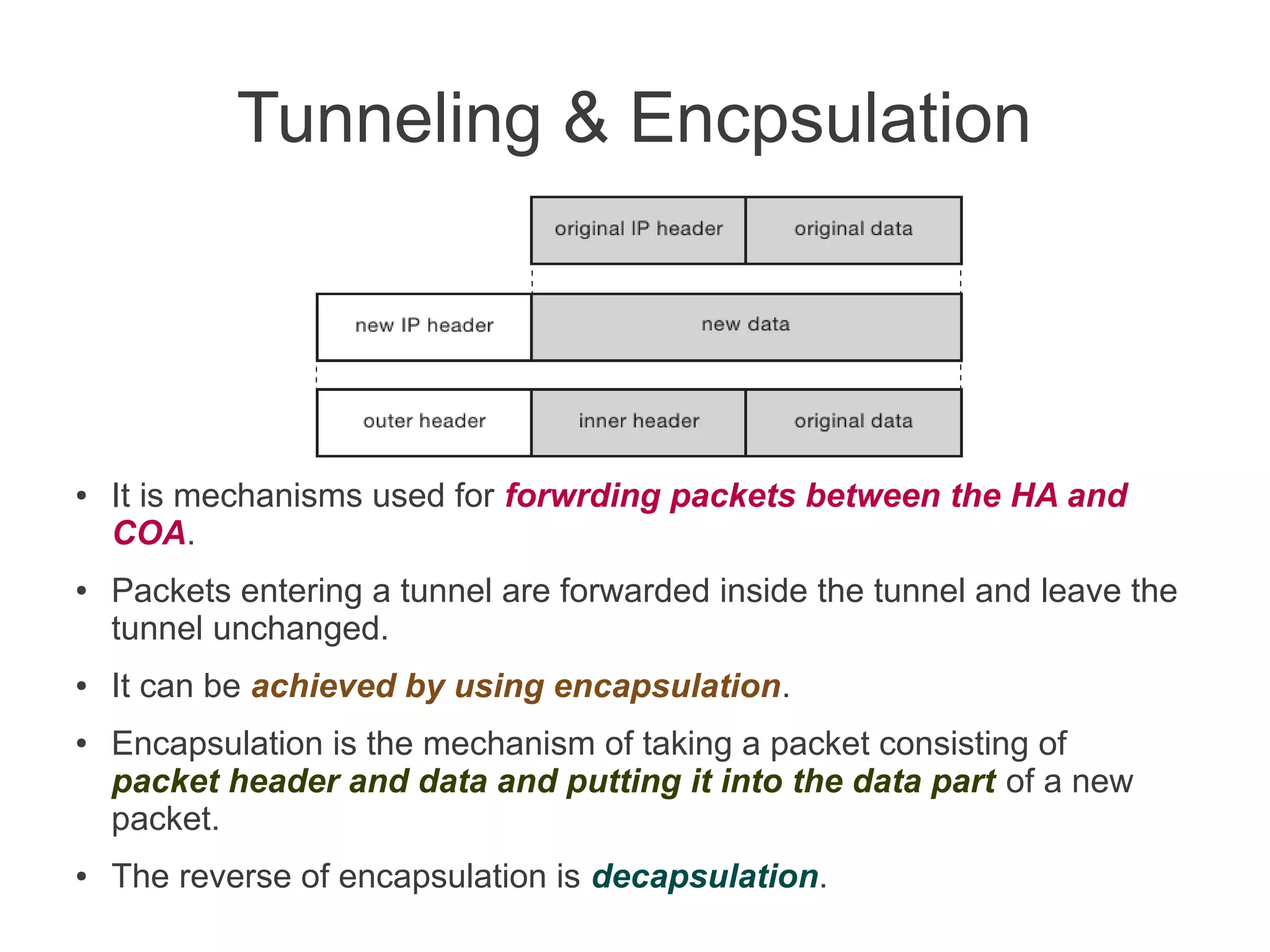 Tunneling & Encpsulation

●

●

●

●

●

It is mechanisms used for forwrding packets between the HA and
COA.
Packets entering a tunnel are forwarded inside the tunnel and leave the
tunnel unchanged.
It can be achieved by using encapsulation.
Encapsulation is the mechanism of taking a packet consisting of
packet header and data and putting it into the data part of a new
packet.
The reverse of encapsulation is decapsulation.

 