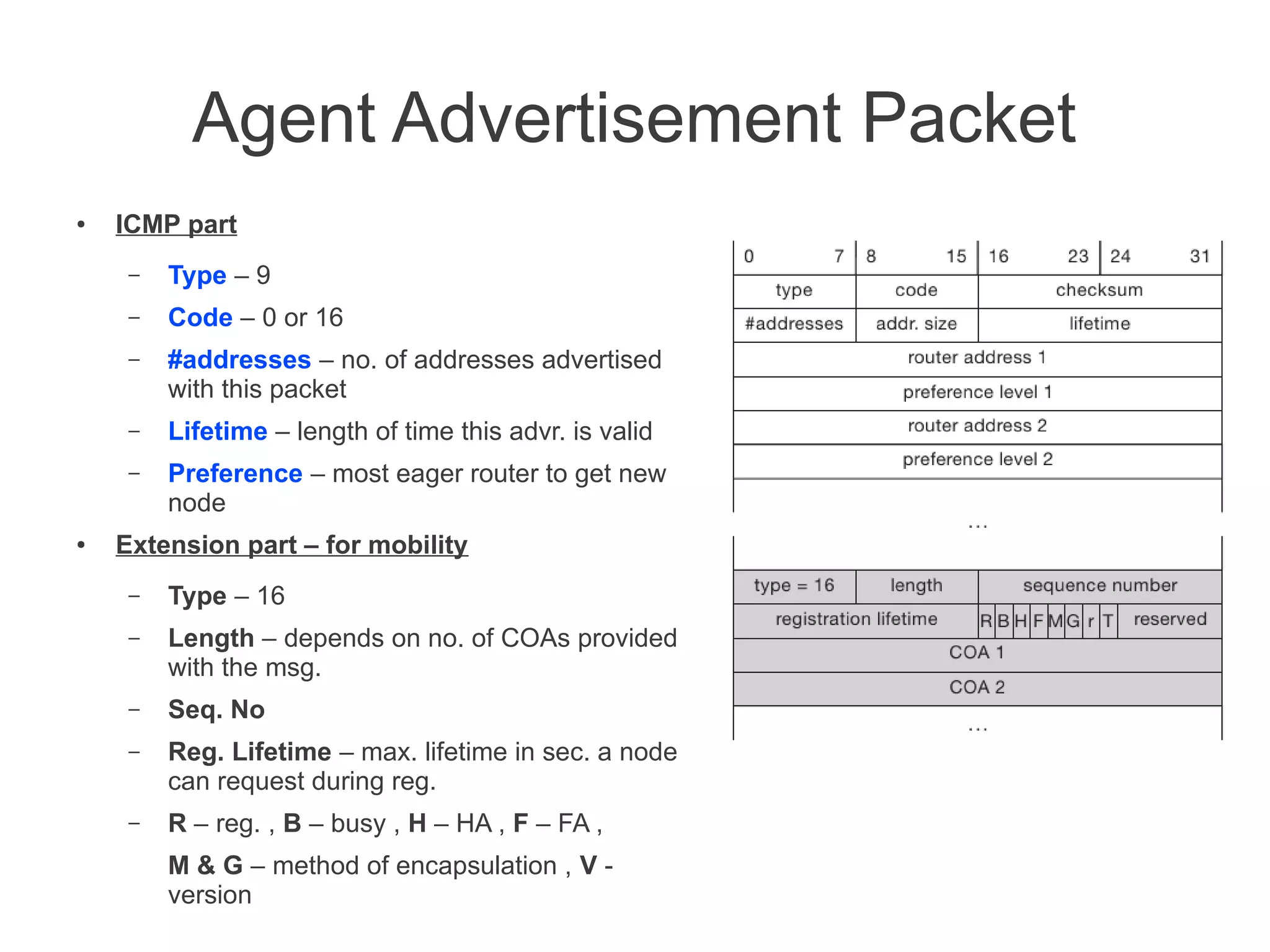 Agent Advertisement Packet
●

ICMP part
–
–

Code – 0 or 16

–

#addresses – no. of addresses advertised
with this packet

–

Lifetime – length of time this advr. is valid

–

●

Type – 9

Preference – most eager router to get new
node

Extension part – for mobility
–

Type – 16

–

Length – depends on no. of COAs provided
with the msg.

–

Seq. No

–

Reg. Lifetime – max. lifetime in sec. a node
can request during reg.

–

R – reg. , B – busy , H – HA , F – FA ,
M & G – method of encapsulation , V version

 