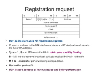 Registration request

●

●

●

UDP packets are used for registration requests.
IP source address is the MN interface address and IP destination address is
the FA or HA address.
Type – 1 , S – an MN wants the HA to retain prior mobility binding
B – MN want to receive broadcast packets received by HA in home n/w

●

M & G – minimal or generic routing encapsulation.

●

Destnation port – 434

●

UDP is used because of low overheads and better performance.

 