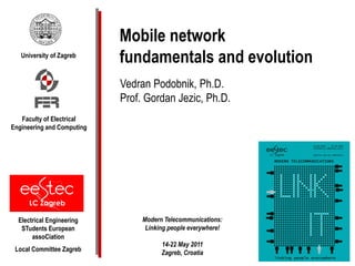 Mobile network
   University of Zagreb
                            fundamentals and evolution
                            Vedran Podobnik, Ph.D.
                            Prof. Gordan Jezic, Ph.D.
   Faculty of Electrical
Engineering and Computing




  Electrical Engineering         Modern Telecommunications:
   STudents European              Linking people everywhere!
       assoCiation
                                       14-22 May 2011
 Local Committee Zagreb
                                       Zagreb, Croatia
 