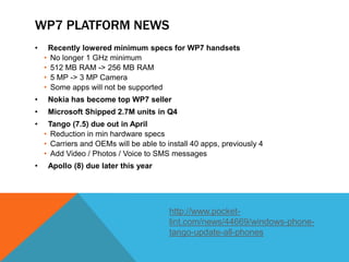 WP7 PLATFORM NEWS
•    Recently lowered minimum specs for WP7 handsets
    • No longer 1 GHz minimum
    • 512 MB RAM -> 256 MB RAM
    • 5 MP -> 3 MP Camera
    • Some apps will not be supported
•    Nokia has become top WP7 seller
•    Microsoft Shipped 2.7M units in Q4
•    Tango (7.5) due out in April
    • Reduction in min hardware specs
    • Carriers and OEMs will be able to install 40 apps, previously 4
    • Add Video / Photos / Voice to SMS messages
•    Apollo (8) due later this year




                                         http://www.pocket-
                                         lint.com/news/44669/windows-phone-
                                         tango-update-all-phones
 
