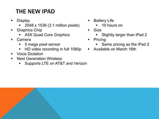 THE NEW IPAD
   Display                                Battery Life
      2048 x 1536 (3.1 million pixels)       10 hours on
   Graphics Chip                          Size
      A5X Quad Core Graphics                 Slightly larger than iPad 2
   Camera                                 Pricing
      5 mega pixel sensor                    Same pricing as the iPad 2
      HD video recording in full 1080p    Available on March 16th
   Voice Dictation
   Next Generation Wireless
      Supports LTE on AT&T and Verizon
 