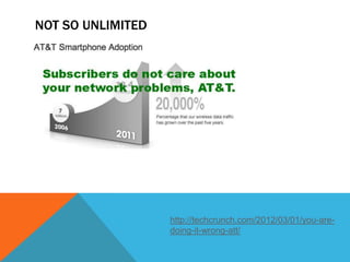 NOT SO UNLIMITED




                   http://techcrunch.com/2012/03/01/you-are-
                   doing-it-wrong-att/
 