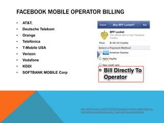 FACEBOOK MOBILE OPERATOR BILLING
•   AT&T,
•   Deutsche Telekom
•   Orange
•   Telefónica
•   T-Mobile USA
•   Verizon
•   Vodafone
•   KDDI
•   SOFTBANK MOBILE Corp




                           http://techcrunch.com/2012/02/27/googles-mobile-sales-head-us-
                           smartphone-ownership-grew-7-last-year-plus-predictions
 
