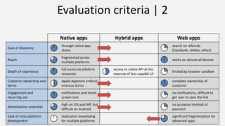 Native apps Hybrid apps Web apps
Ease of discovery
through native app
stores
search on referrals
(Facebook, twitter, other)
Reach
fragmented across
multiple platforms
works on almost all devices
Depth of experience
full access to platform
resources
access to native API at the
expense of less capable UI
limited by browser sandbox
Customer ownership and
terms
Apple Appstore enforce
onerous terms
complete ownership of
customer
Engagement and
recurring use
notifications and home
screen icon
no notifications, difficult to
get user to save the link
Monetization potential
high on iOS and WP, but
difficult on Android
no accepted method of
payment
Ease of cross-platform
development
replication developing
for multiple platforms
significant fragmentation for
advanced apps
Evaluation criteria | 2
 