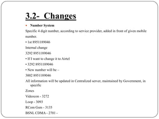3.2-  ChangesNumber SystemSpecific 4 digit number, according to service provider, added in front of given mobilenumber.• 1st 8951189046Internal change3292 8951189046• If I want to change it to Airtel• 3292 8951189046• New number will be –3002 8951189046All information will be updated in Centralized server, maintained by Government, in specificZonesVideocon - 3272Loop - 3093RComGsm - 3135BSNL CDMA - 2701 -