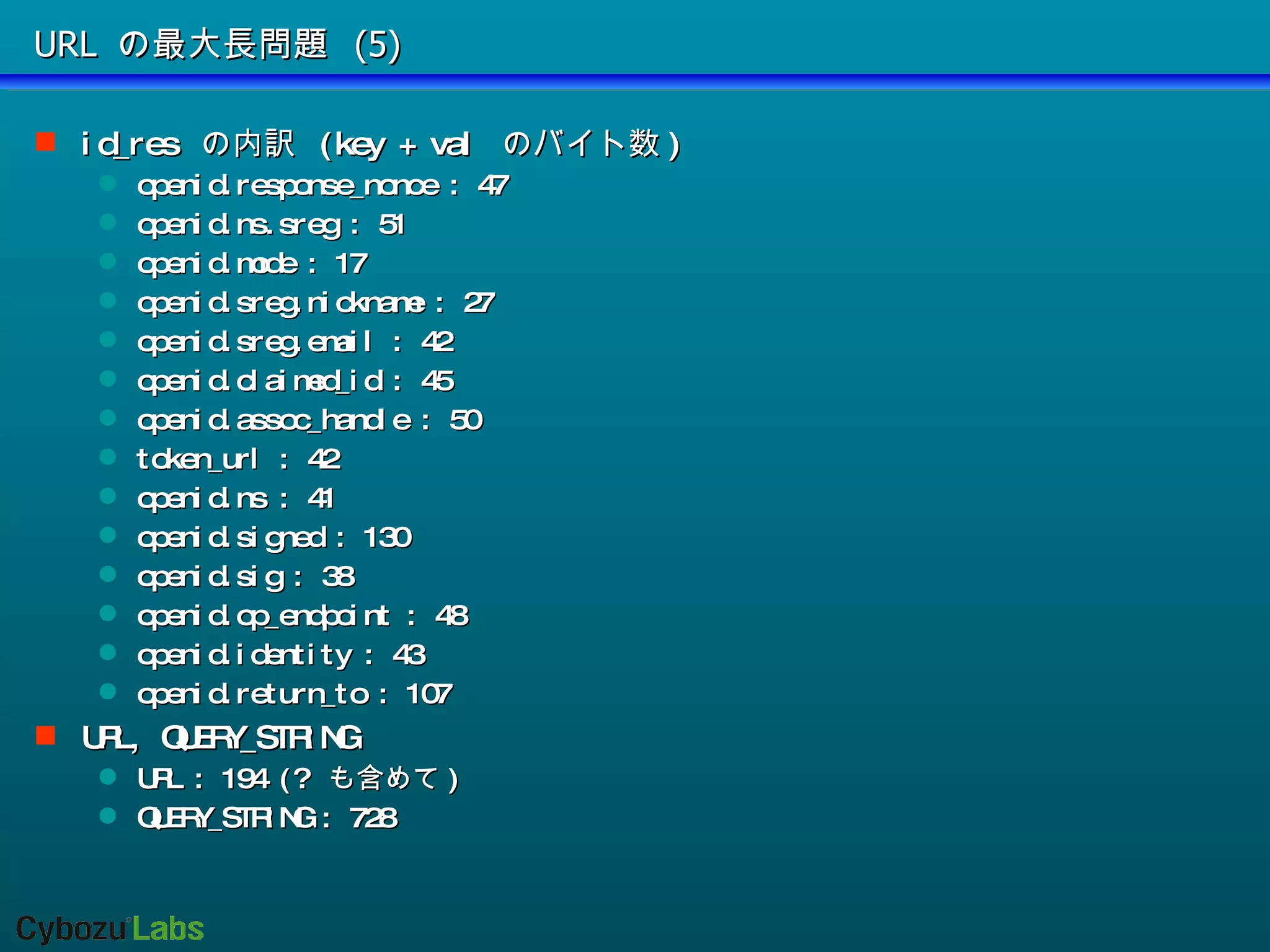 URL の最大長問題 (5) id_res  の内訳  (key + val  のバイト数 ) openid.response_nonce : 47 openid.ns.sreg : 51 openid.mode : 17 openid.sreg.nickname : 27 openid.sreg.email : 42 openid.claimed_id : 45 openid.assoc_handle : 50 token_url : 42 openid.ns : 41 openid.signed : 130 openid.sig : 38 openid.op_endpoint : 48 openid.identity : 43 openid.return_to : 107 URL, QUERY_STRING URL : 194 (?  も含めて ) QUERY_STRING : 728 