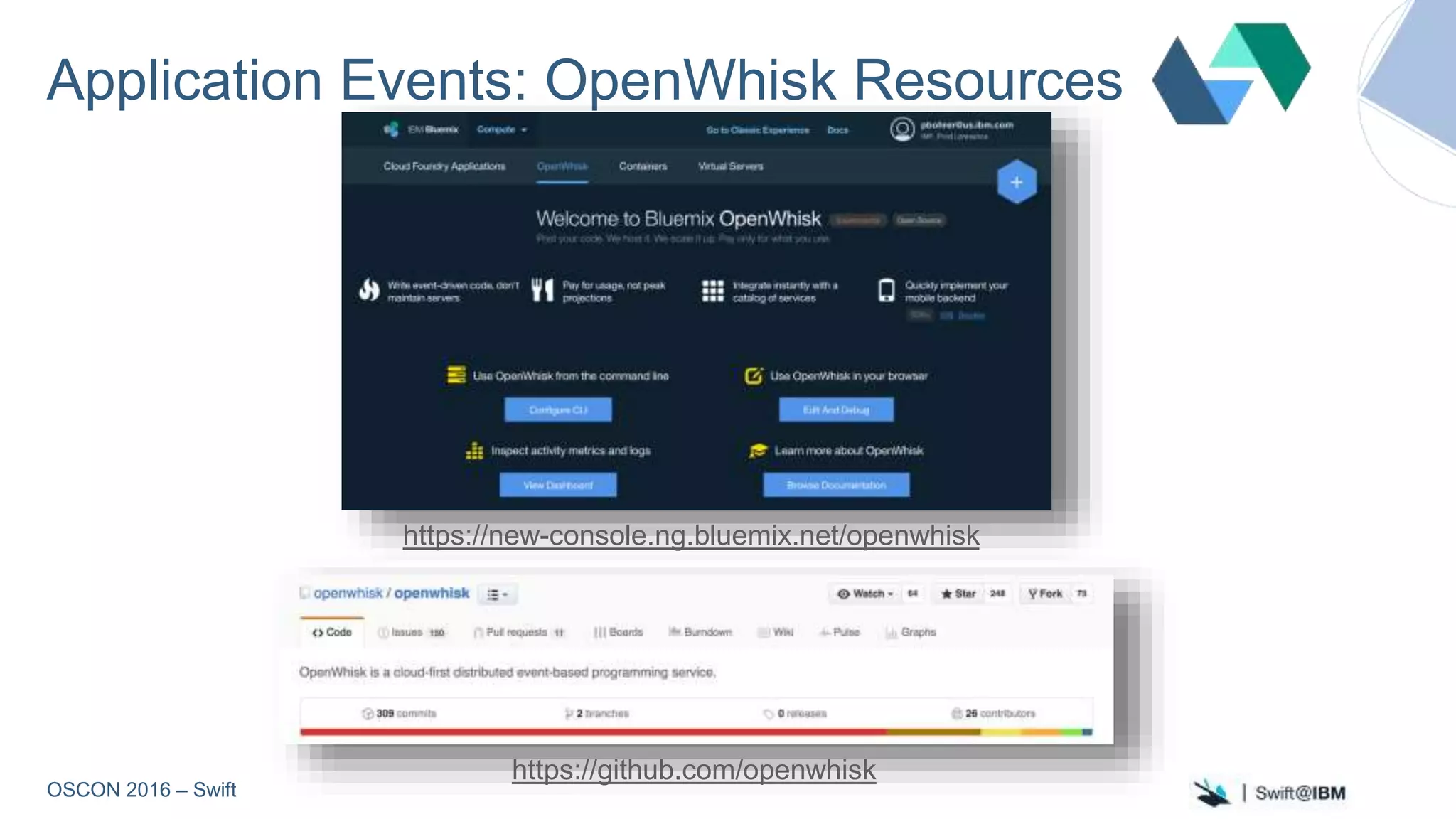 OSCON 2016 – Swift
Application Events: OpenWhisk Resources
https://new-console.ng.bluemix.net/openwhisk
https://github.com/openwhisk
 