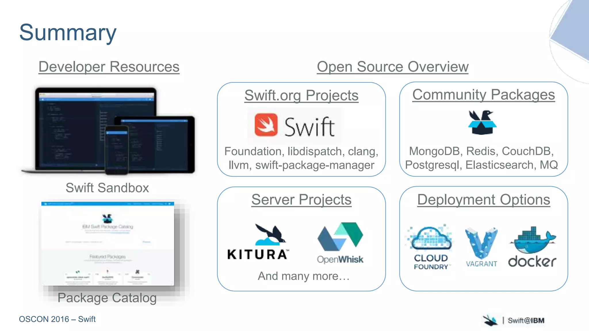 OSCON 2016 – Swift
Summary
Deployment Options
Swift.org Projects Community Packages
Server Projects
Foundation, libdispatch, clang,
llvm, swift-package-manager
MongoDB, Redis, CouchDB,
Postgresql, Elasticsearch, MQ
Open Source OverviewDeveloper Resources
Swift Sandbox
Package Catalog
And many more…
 
