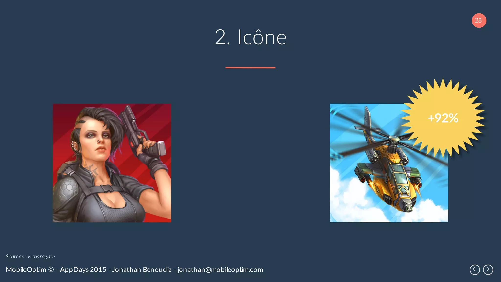 28
MobileOptim © - AppDays 2015 - Jonathan Benoudiz - jonathan@mobileoptim.com
2. Icône
+92%
Sources : Kongregate
 