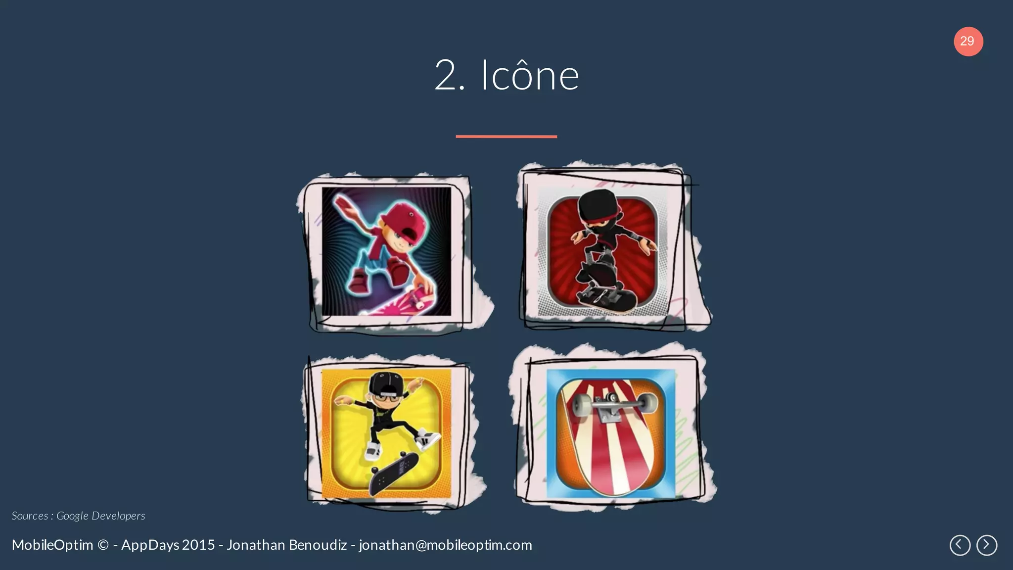 29
MobileOptim © - AppDays 2015 - Jonathan Benoudiz - jonathan@mobileoptim.com
2. Icône
Sources : Google Developers
 