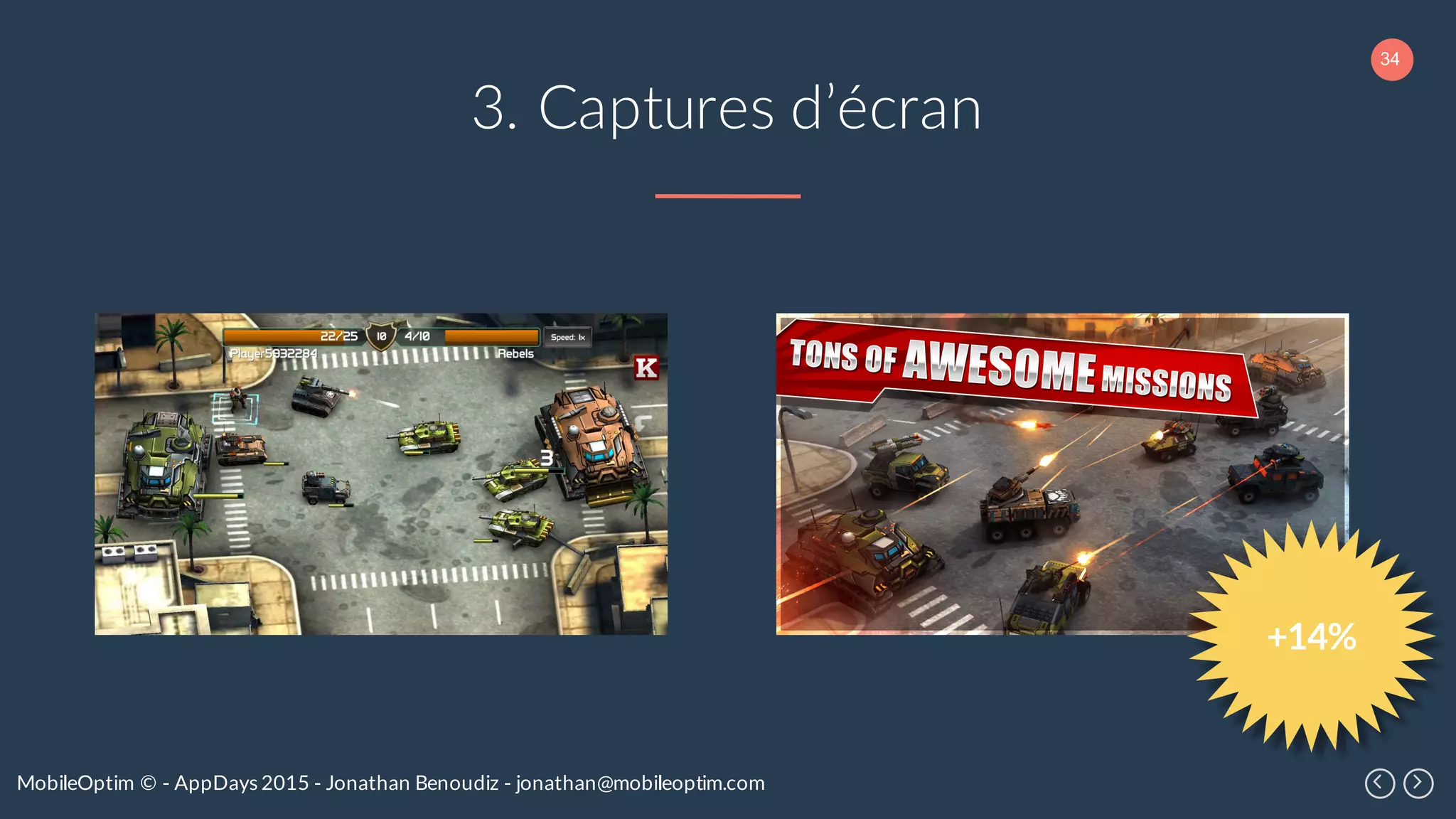 34
MobileOptim © - AppDays 2015 - Jonathan Benoudiz - jonathan@mobileoptim.com
3. Captures d’écran
+14%
 