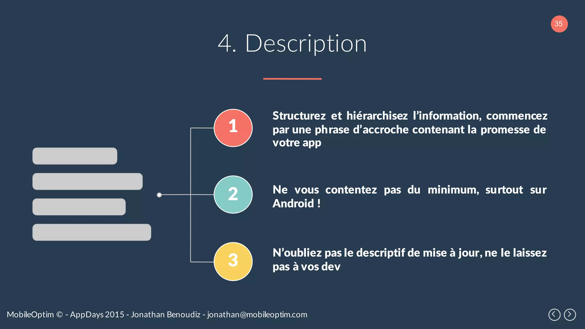 35
MobileOptim © - AppDays 2015 - Jonathan Benoudiz - jonathan@mobileoptim.com
4. Description
1
2
3
Structurez et hiérarchisez l’information, commencez
par une phrase d’accroche contenant la promesse de
votre app
Ne vous contentez pas du minimum, surtout sur
Android !
N’oubliez pas le descriptif de mise à jour, ne le laissez
pas à vos dev
 