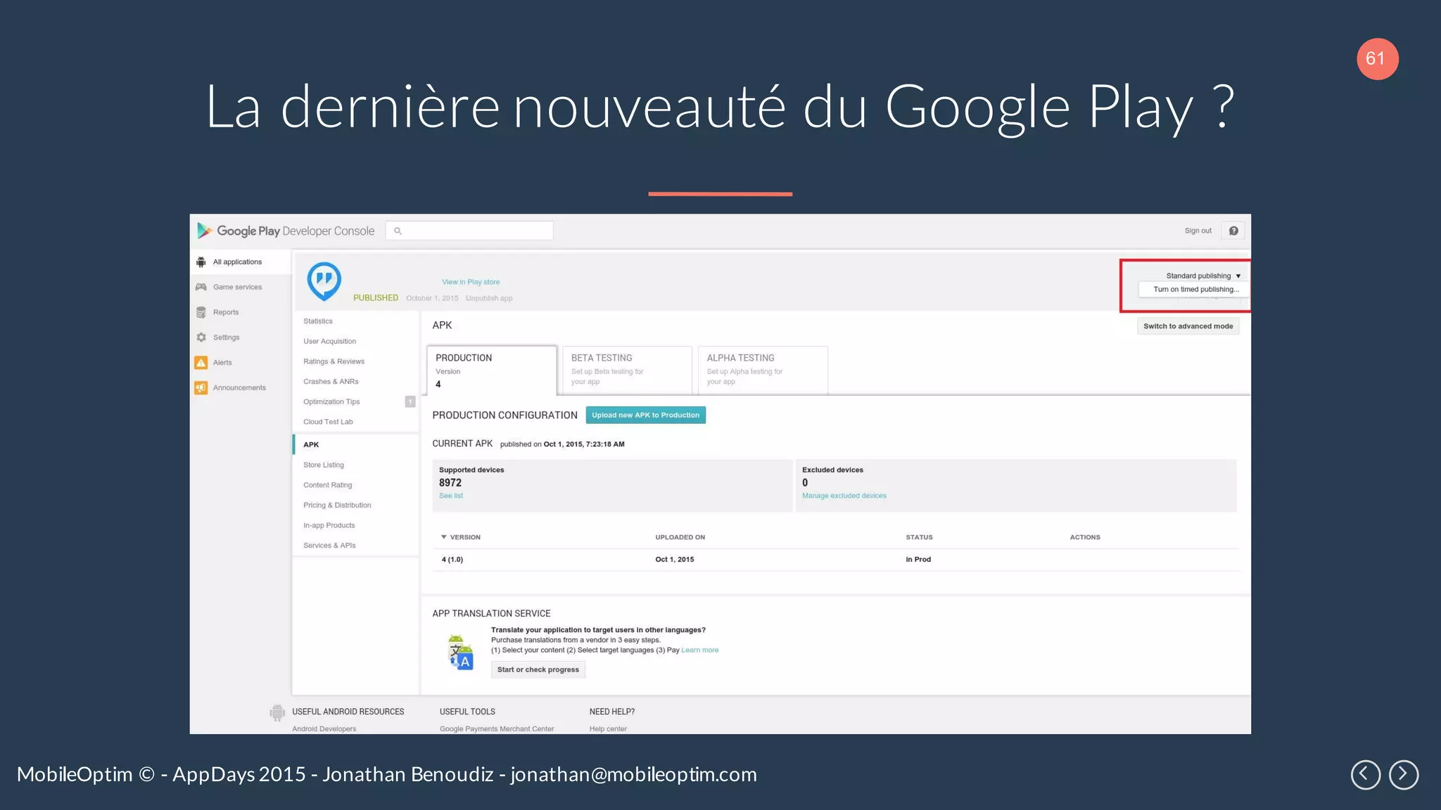 61
MobileOptim © - AppDays 2015 - Jonathan Benoudiz - jonathan@mobileoptim.com
La dernière nouveauté du Google Play ?
 