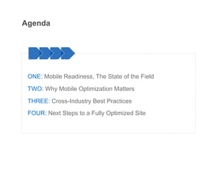 Agenda




 ONE: Mobile Readiness, The State of the Field

 TWO: Why Mobile Optimization Matters

 THREE: Cross-Industry Best Practices
 FOUR: Next Steps to a Fully Optimized Site
 