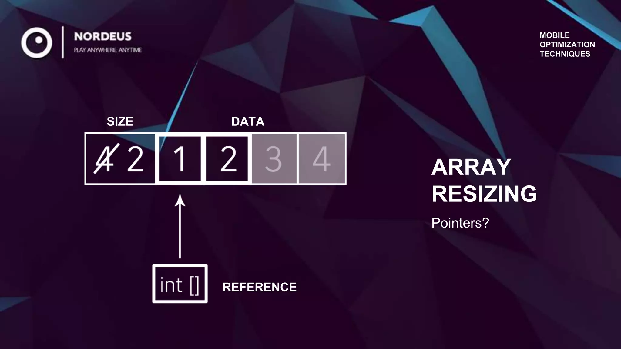 SIZE DATA
REFERENCE
Pointers?
ARRAY
RESIZING
MOBILE
OPTIMIZATION
TECHNIQUES
 