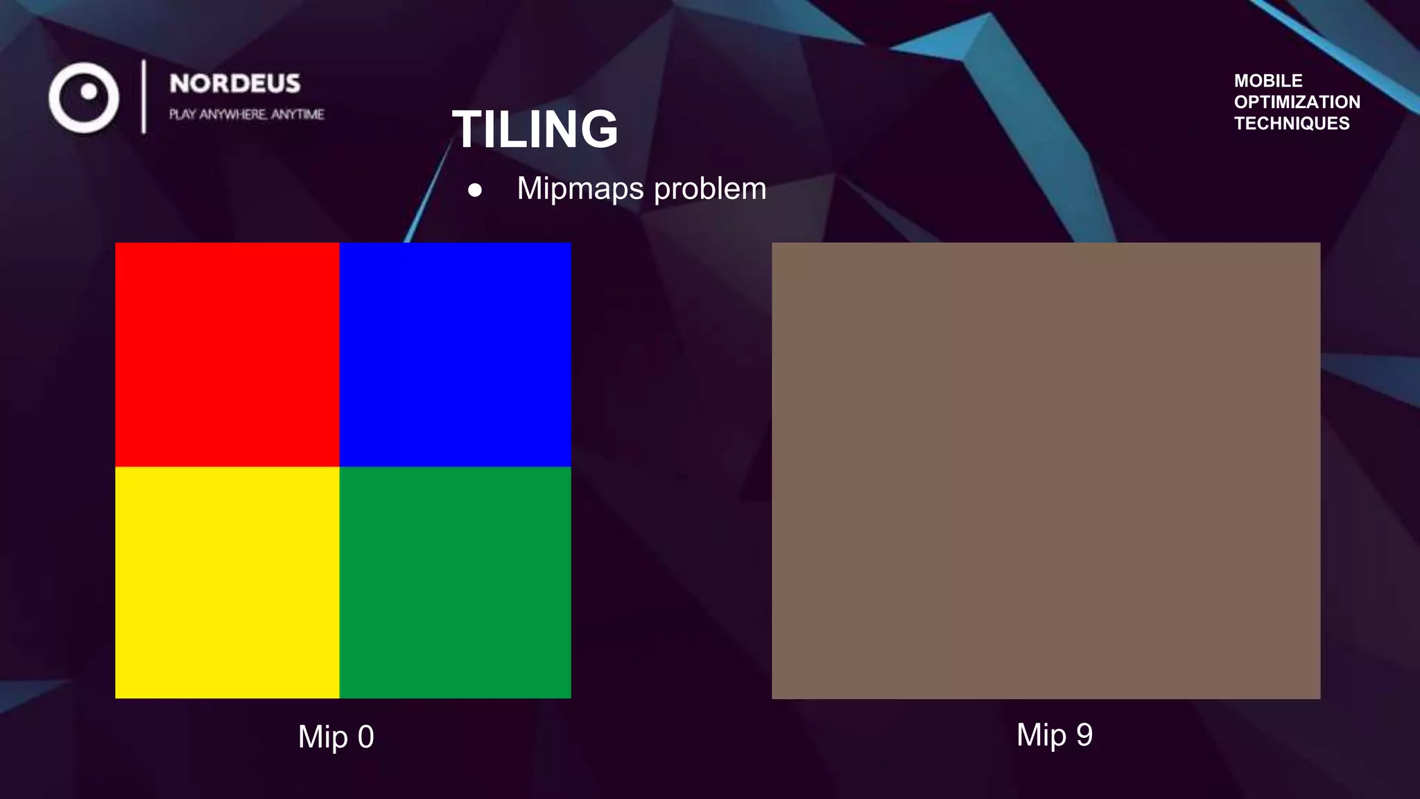 MOBILE
OPTIMIZATION
TECHNIQUES
● Mipmaps problem
TILING
Mip 0 Mip 9
 