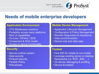 Needs of mobile enterprise developers Security Secure runtime system Data security Protocol security Flexible Policy Robustness Application Environment OTS Middleware solutions Portability across many platforms Rich UI capabilities On-Line / Off-line / QOS Component & SOA model Access to device functionality Mobile Device Management Application Lifecycle Management Configuration & Policy Management Remote Diagnostics & Assistance Data synchronization Device lock and data wipe Toolset One IDE for mobile & non-mobile  Leverage existing server or desktop   frameworks (i.e. RCP, JMS, …) On-device debugging & profiling Device Emulation 