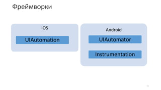 11
Фреймворки
iOS
UIAutomation
Android
UIAutomator
Instrumentation
 