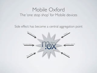 Mobile Oxford
   The ‘one stop shop’ for Mobile devices

Side effect: has become a central aggregation point
            Op
               en
                    Str
                        e                  w     s
                         et
                            Map         Ne




      Service status                         Library search




                        s               Mu
                    top
                                            ch
                                                 mo
               ss                                    re!
            Bu
 