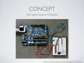 CONCEPT
Use open-source Arduinos




            Photo CC: http://www.ﬂickr.com/photos/todbot/3567630129
 