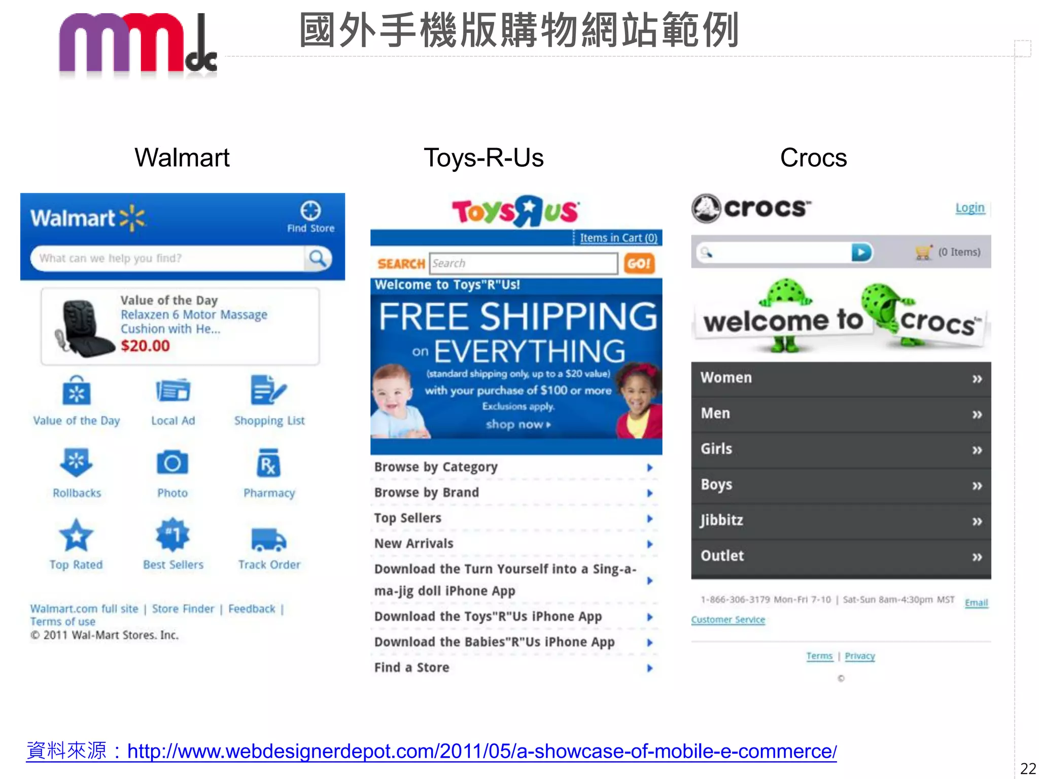 國外手機版購物網站範例


          Walmart                    Toys-R-Us                         Crocs




資料來源：http://www.webdesignerdepot.com/2011/05/a-showcase-of-mobile-e-commerce/
                                                                                22
 