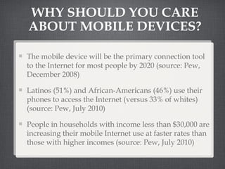 WHY SHOULD YOU CARE ABOUT MOBILE DEVICES? The mobile device will be the primary connection tool to the Internet for most people by 2020 (source: Pew, December 2008) Latinos (51%) and African-Americans (46%) use their phones to access the Internet (versus 33% of whites) (source: Pew, July 2010) People in households with income less than $30,000 are increasing their mobile Internet use at faster rates than those with higher incomes (source: Pew, July 2010) 