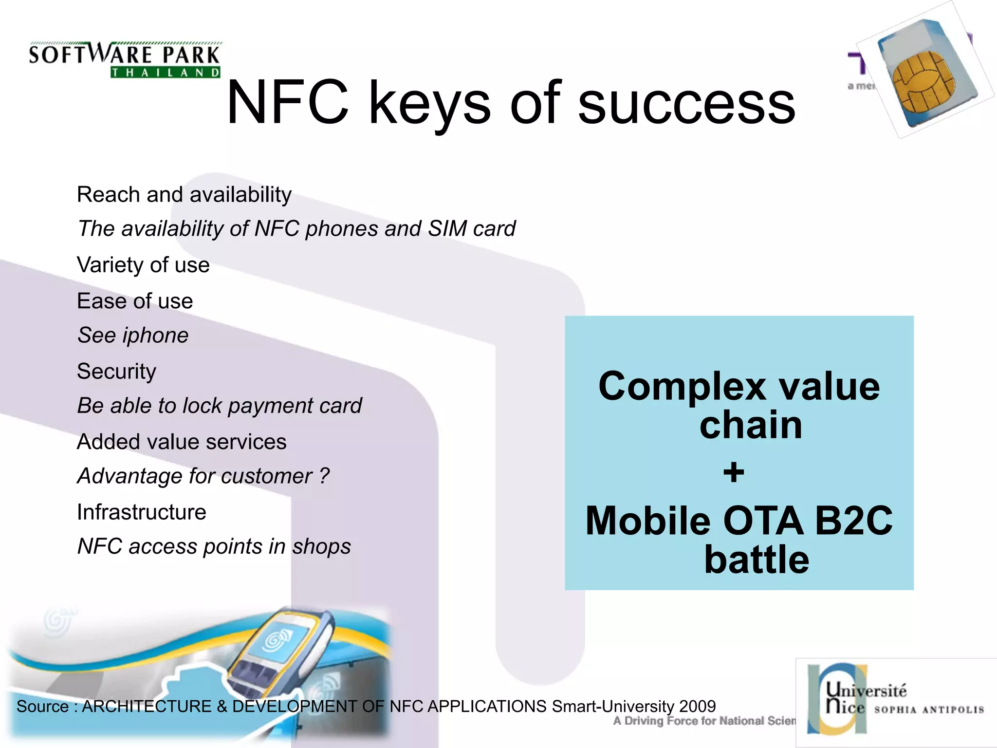NFC keys of success
Reach and availability
The availability of NFC phones and SIM card
Variety of use
Ease of use
See iphone
Security
Be able to lock payment card
Added value services
Advantage for customer ?
Infrastructure
NFC access points in shops
Complex value
chain
+
Mobile OTA B2C
battle
Source : ARCHITECTURE & DEVELOPMENT OF NFC APPLICATIONS Smart-University 20099
 