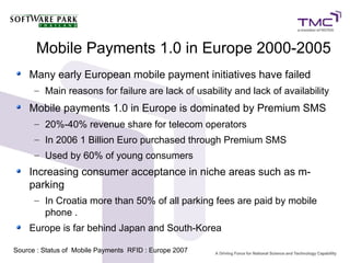 Mobile Payments 1.0 in Europe 2000-2005
Many early European mobile payment initiatives have failed
– Main reasons for failure are lack of usability and lack of availability
Mobile payments 1.0 in Europe is dominated by Premium SMS
– 20%-40% revenue share for telecom operators
– In 2006 1 Billion Euro purchased through Premium SMS
– Used by 60% of young consumers
Increasing consumer acceptance in niche areas such as m-
parking
– In Croatia more than 50% of all parking fees are paid by mobile
phone .
Europe is far behind Japan and South-Korea
Source : Status of Mobile Payments RFID : Europe 2007
 