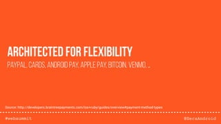 @SeraAndroid#websummit
Architected for Flexibility
PayPal, Cards, Android Pay, Apple Pay, Bitcoin, Venmo, …
Source: http://developers.braintreepayments.com/ios+ruby/guides/overview#payment-method-types
 