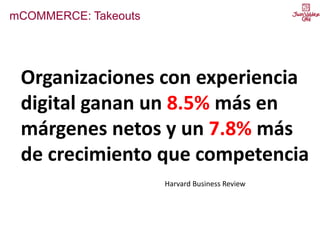 mCOMMERCE: Takeouts
Organizaciones con experiencia
digital ganan un 8.5% más en
márgenes netos y un 7.8% más
de crecimiento que competencia
Harvard Business Review
 