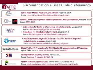 Raccomandazioni e Linee Guida di riferimento
White Paper Mobile Payments. 2nd Edition, Febbraio 2012
Focus: Use Case, gestione Mobile Contactless Application.

Mobile Contactless Payments SMR Requirements and Specifications, Ottobre 2010
Focus: SMR, TSM.

  Alternatives for Banks to offer Secure Mobile Payments, Marzo 2010
   Focus: descrizione tipologie Secure Element
  Guidelines for Mobile Remote Payment, Giugno 2010.
   Focus: Modelli operativi nei Mobile Remote Payment

  Proximity Mobile Payments Business Scenarios: Research Report on
   Stakeholder Perspectives, Luglio 2008.
   Focus: Business Model nei Mobile Proximity Payment

GlobalPlatform’s Proposition for NFC Mobile: SE Management and Messaging,
Aprile 2009. Focus: Il ruolo del TSM nell’ecosistema NFC
Interoperability Stepping Stones, Aprile 2009.
Focus: Gestione Protocollo BIP CAT_TP

AFSCM Technical Specifications, ultima release Dicembre 2011.
Focus: Implementazione di un ecosistema NFC in uno scenario reale
 