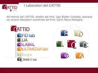 I Laboratori del CATTID

All'interno del CATTID, diretto dal Prof. Ugo Biader Ceipidor, operano
sei diversi laboratori coordinati dal Prof. Carlo Maria Medaglia.
 
