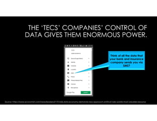 THE ‘TECS’ COMPANIES’ CONTROL OF
DATA GIVES THEM ENORMOUS POWER.
Think of all the data that
your bank and insurance
company sends you via
SMS?
Source: https://www.economist.com/news/leaders/21721656-data-economy-demands-new-approach-antitrust-rules-worlds-most-valuable-resource
 