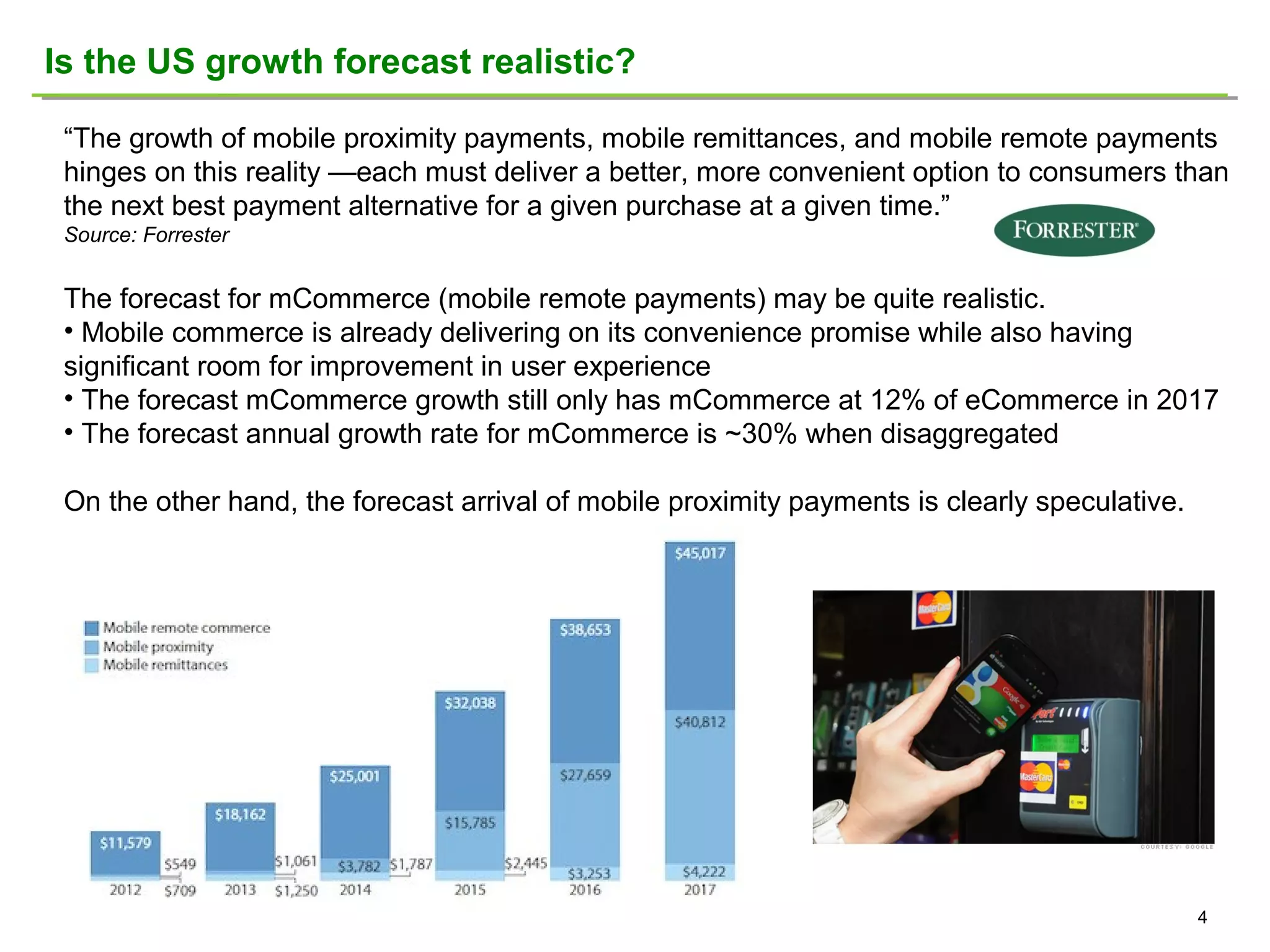 Is the US growth forecast realistic?
“The growth of mobile proximity payments, mobile remittances, and mobile remote payments
hinges on this reality —each must deliver a better, more convenient option to consumers than
the next best payment alternative for a given purchase at a given time.”
Source: Forrester

The forecast for mCommerce (mobile remote payments) may be quite realistic.
• Mobile commerce is already delivering on its convenience promise while also having
significant room for improvement in user experience
• The forecast mCommerce growth still only has mCommerce at 12% of eCommerce in 2017
• The forecast annual growth rate for mCommerce is ~30% when disaggregated
On the other hand, the forecast arrival of mobile proximity payments is clearly speculative.

4

 